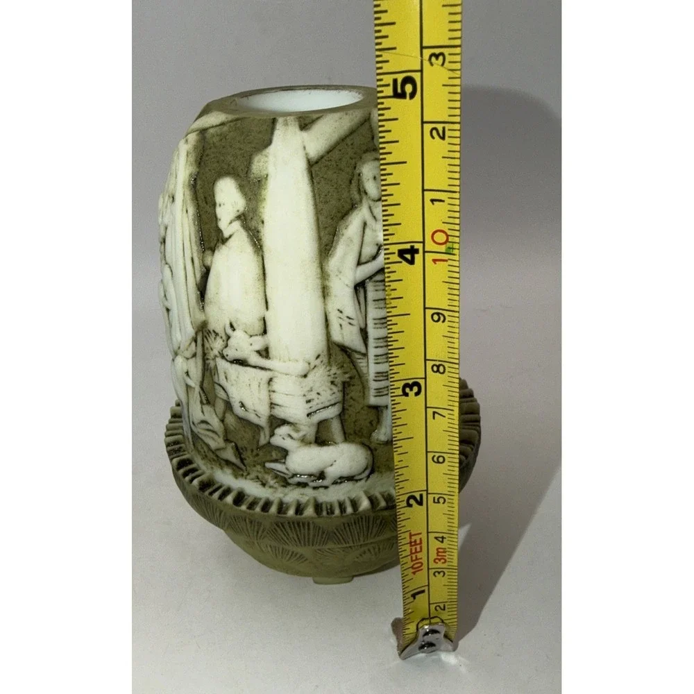 Fenton Nativity Scene Fairy Lamp SIGNED Relief Green White Free Ship 4.75